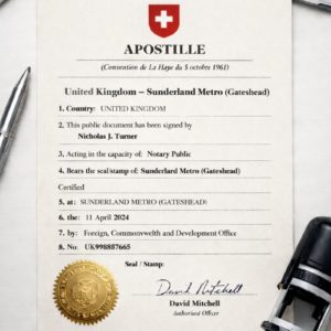 Swiss apostille from Sunderland Metro (Gateshead)