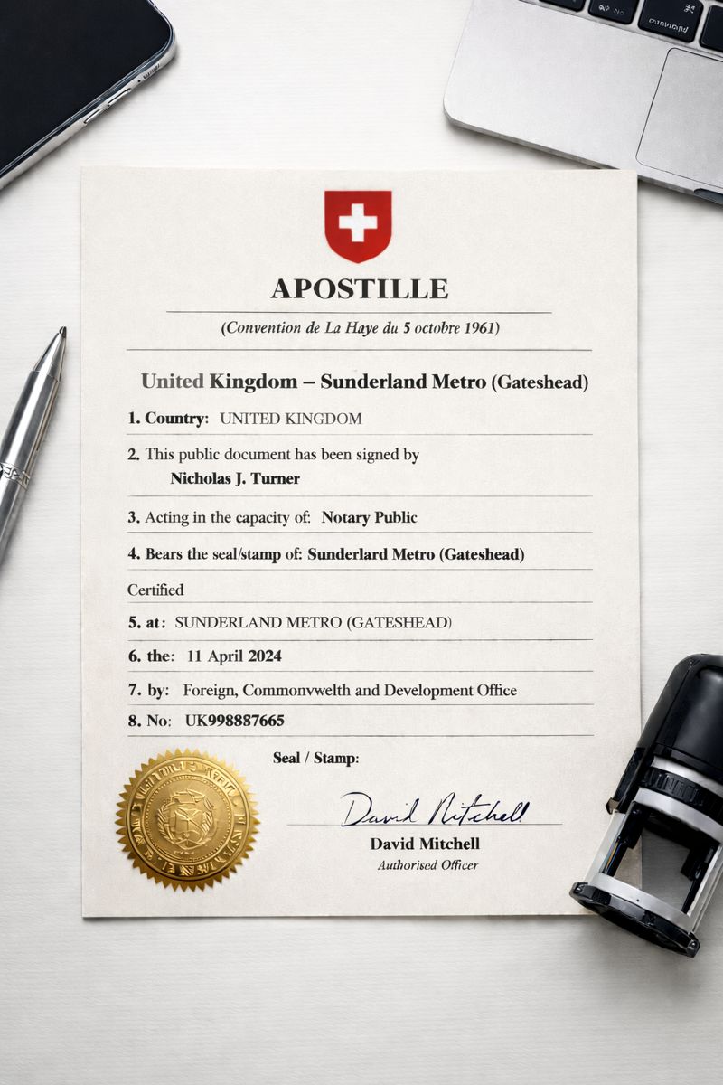 Swiss apostille from Sunderland Metro (Gateshead)